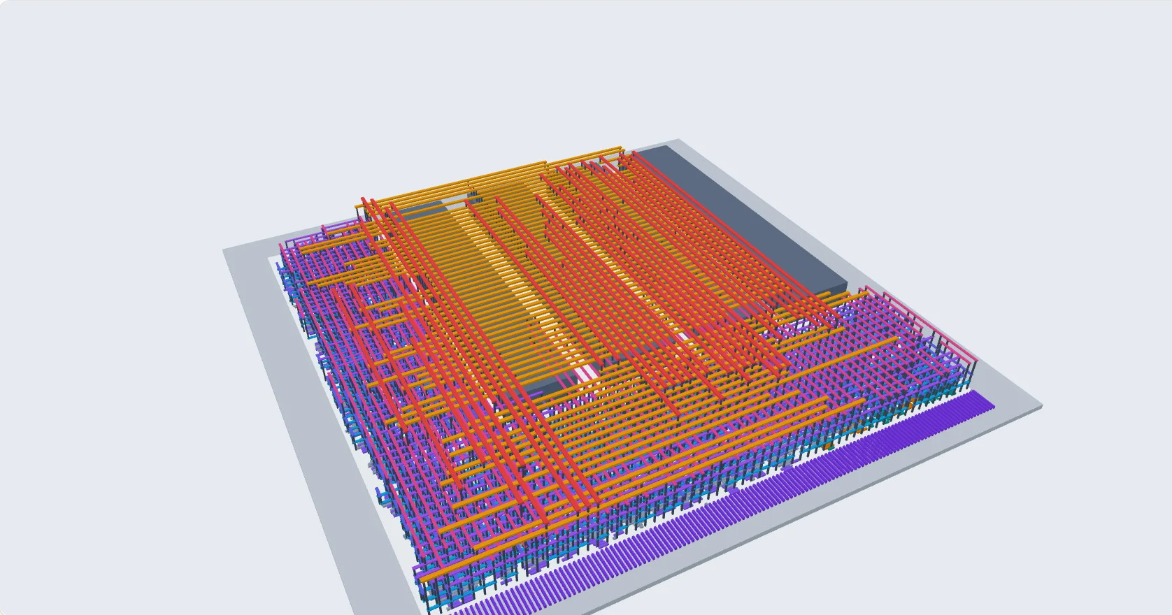 riscv32i in three dimensions: the cells on the die, and the routed metal layers above them
